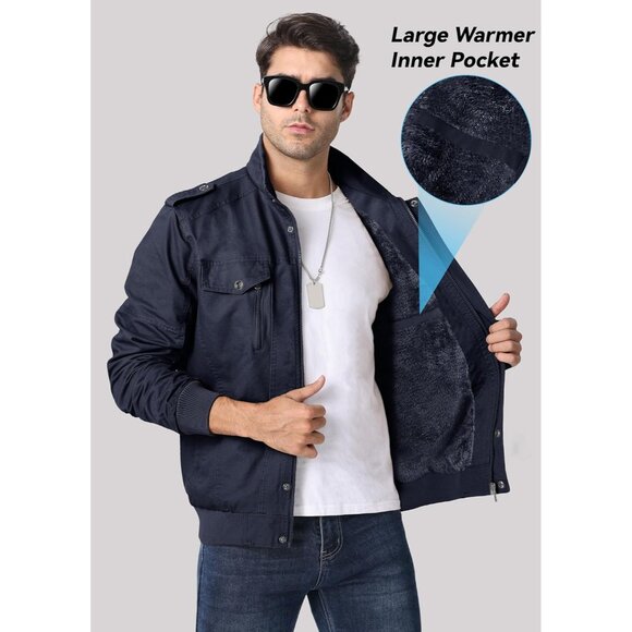 Men's Navy  Winter Cargo Fleece Sherpa Lined Casual Windproof Bomber Jacket - Picture 4 of 6